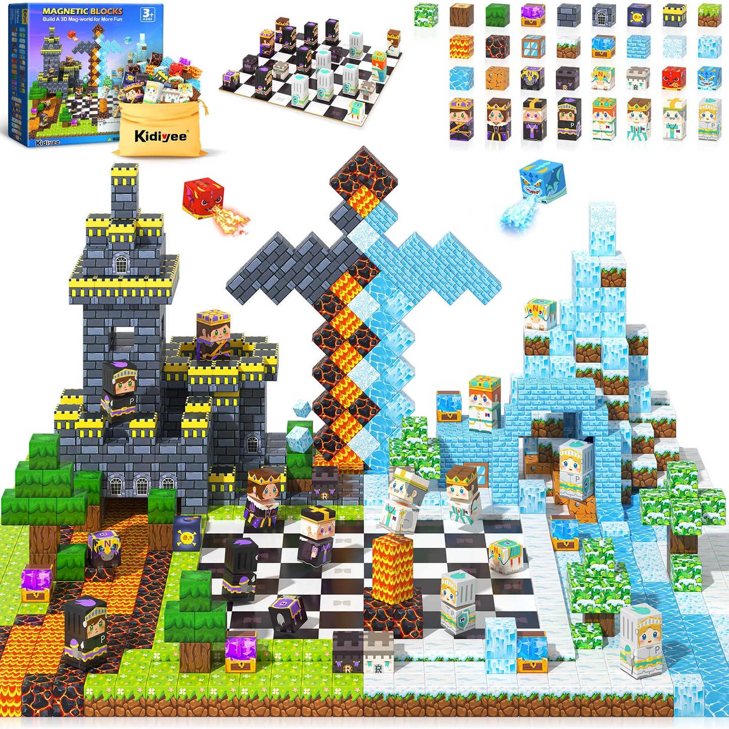 Kidiyee 144PCS Magnetic Blocks - Mine Magnet World Chess Set for Kids 3-12+