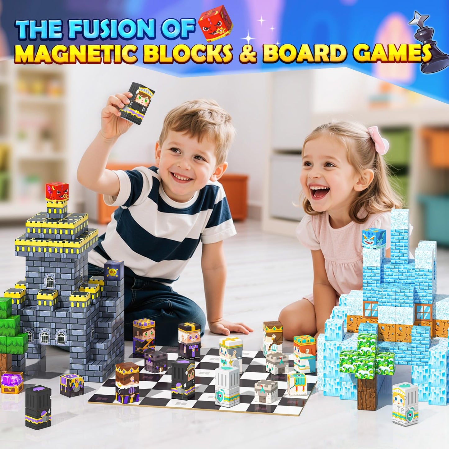 Kidiyee 144PCS Magnetic Blocks - Mine Magnet World Chess Set for Kids 3-12+