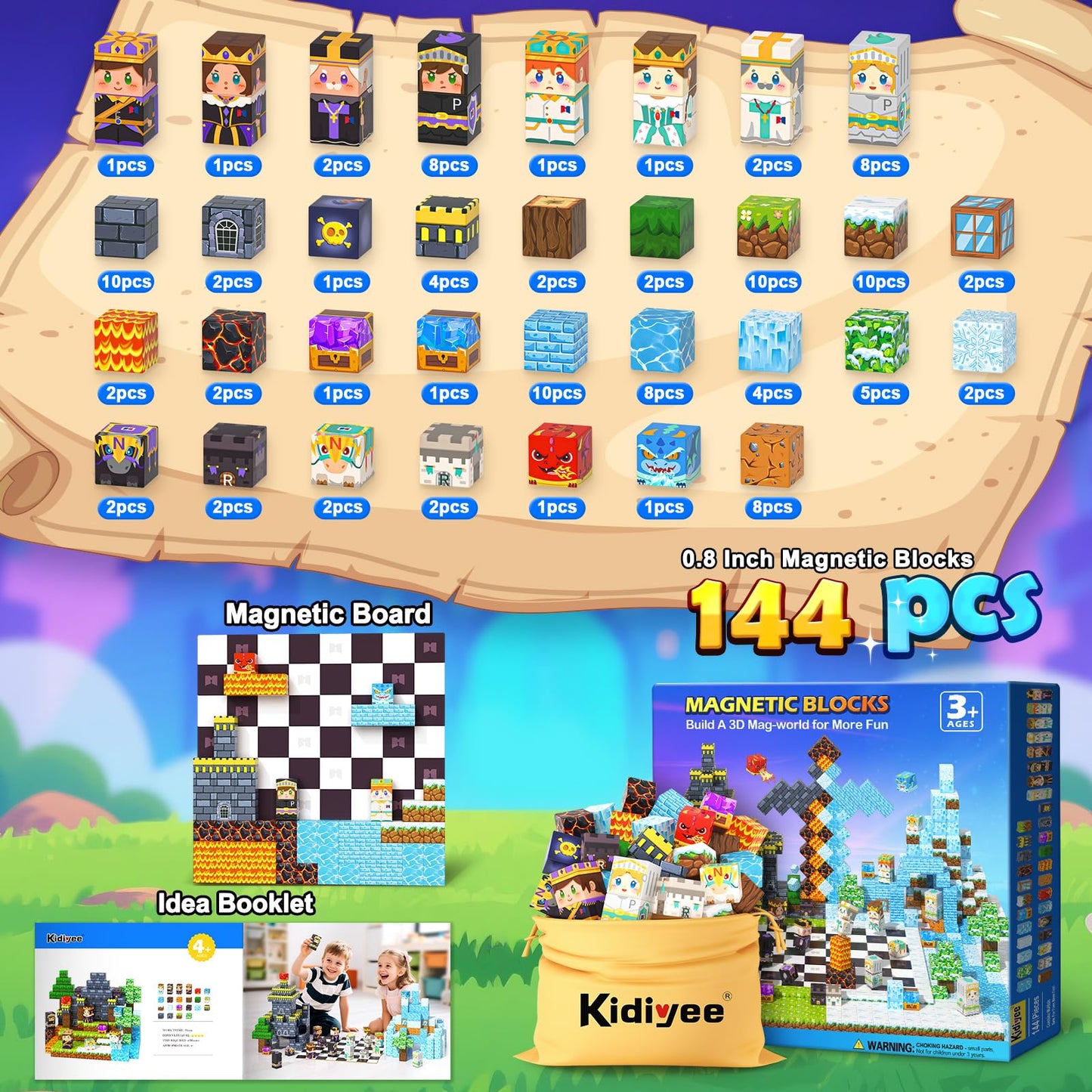 Kidiyee 144PCS Magnetic Blocks - Mine Magnet World Chess Set for Kids 3-12+