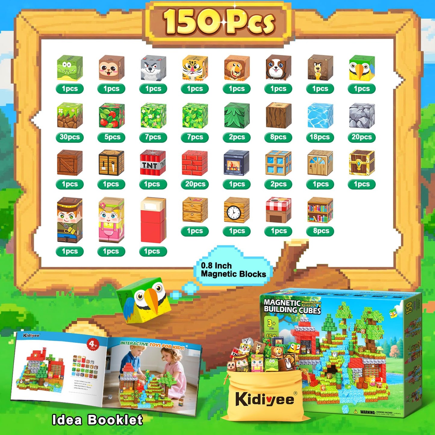Kidiyee 150PCS Magnetic Blocks – Mine Magnet World Forest Animal Set | STEM Building Toys