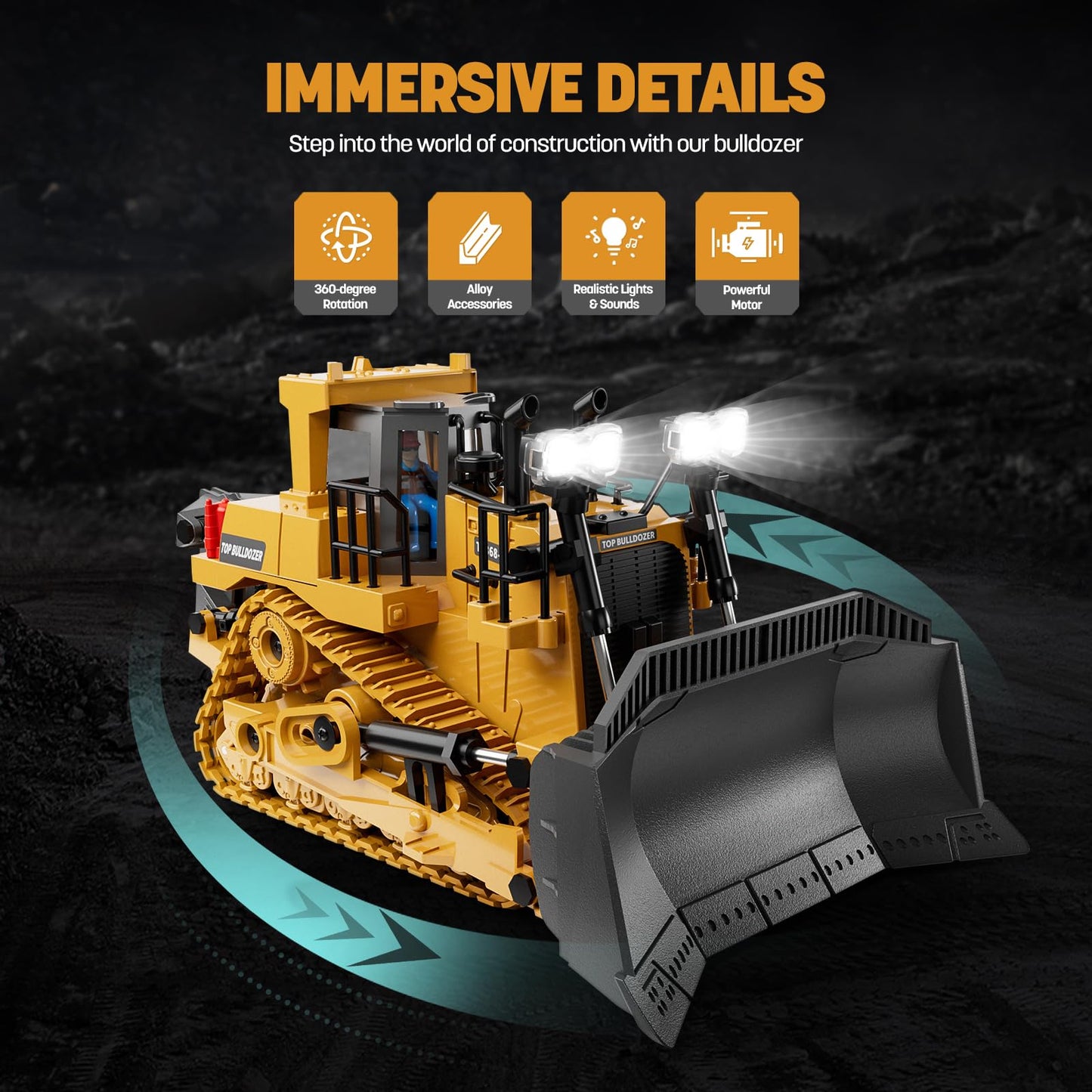 KIDMARKT Metal RC Bulldozer Toy – 9-Channel, Lights & Sounds, for Ages 3–12