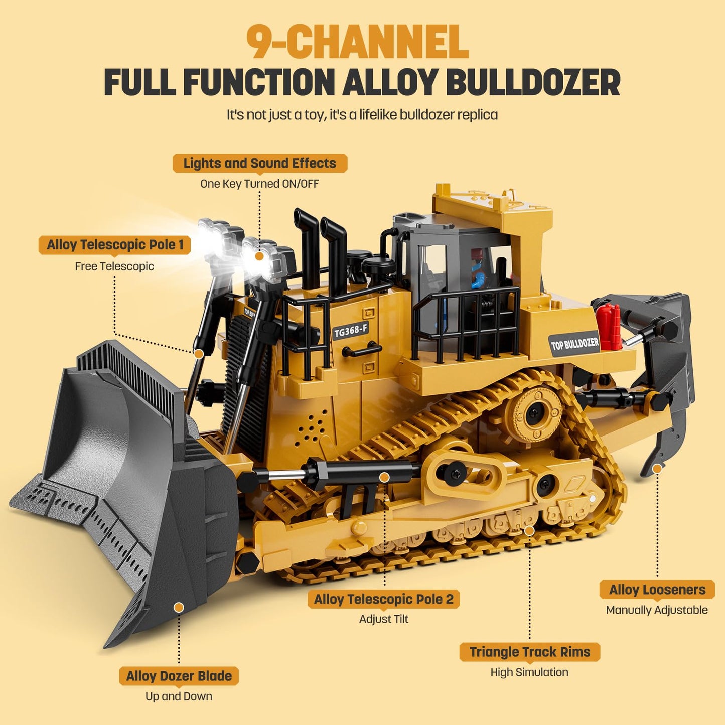KIDMARKT Metal RC Bulldozer Toy – 9-Channel, Lights & Sounds, for Ages 3–12