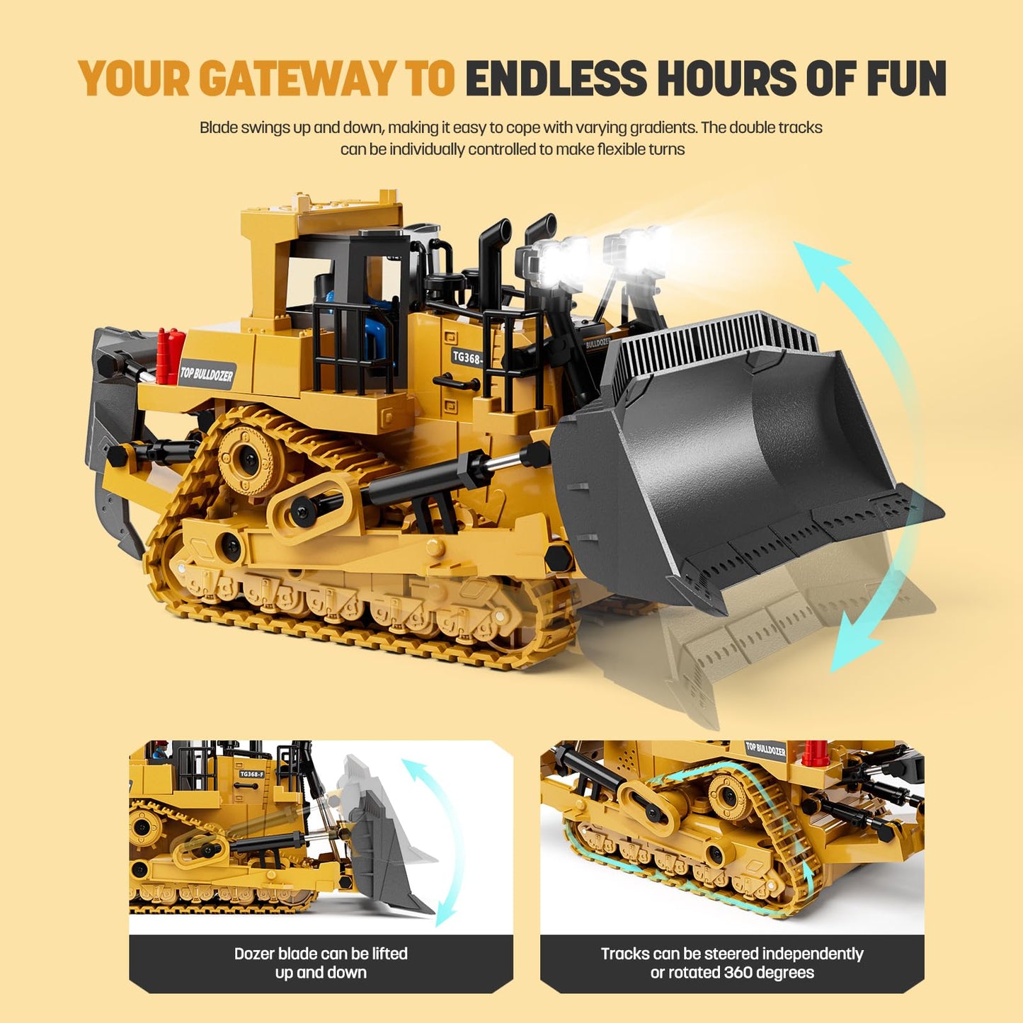 KIDMARKT Metal RC Bulldozer Toy – 9-Channel, Lights & Sounds, for Ages 3–12