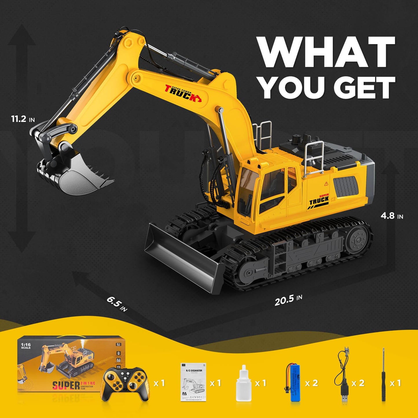 KIDMARKT 21-inch Large RC Excavator Toy – 15-Channel, Metal Bucket, Dozer Blade, Water Spray, Lights