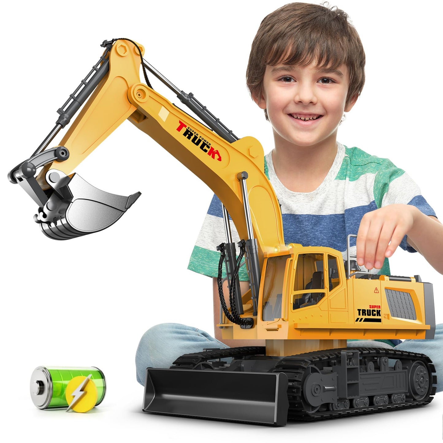KIDMARKT 21-inch Large RC Excavator Toy – 15-Channel, Metal Bucket, Dozer Blade, Water Spray, Lights