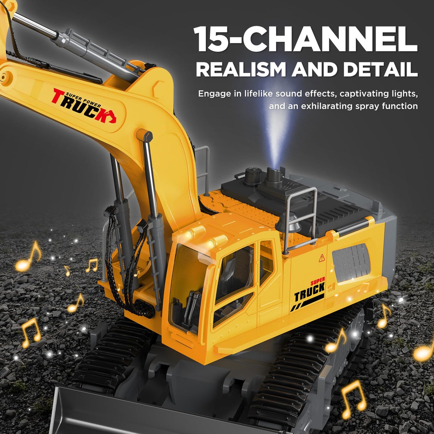 KIDMARKT 21-inch Large RC Excavator Toy – 15-Channel, Metal Bucket, Dozer Blade, Water Spray, Lights
