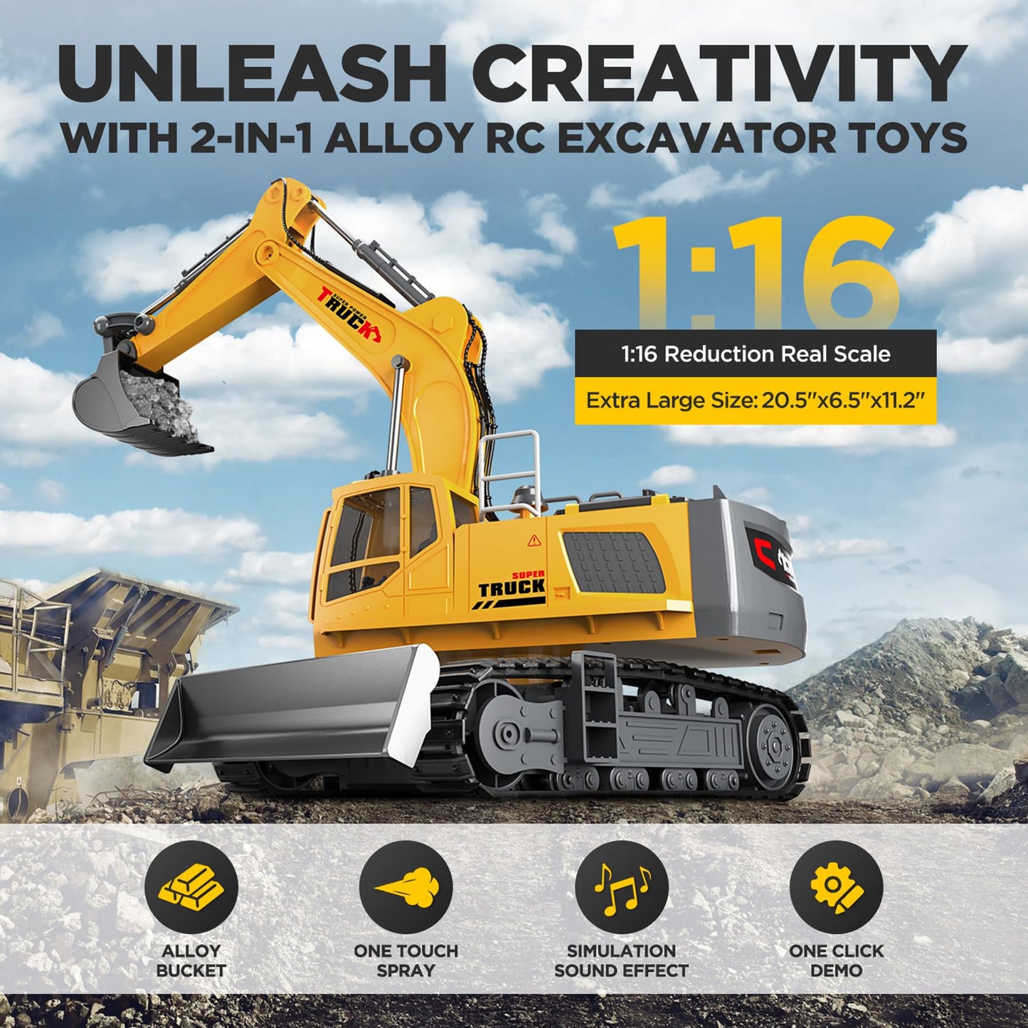 KIDMARKT 21-inch Large RC Excavator Toy – 15-Channel, Metal Bucket, Dozer Blade, Water Spray, Lights