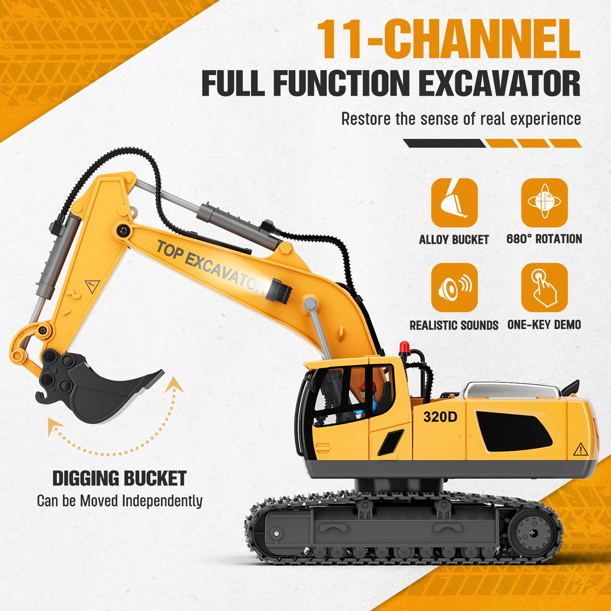 KIDMARKT RC Excavator Toy — 11-Channel Metal Construction Truck with 2×1200mAh Batteries, 120-Min Playtime