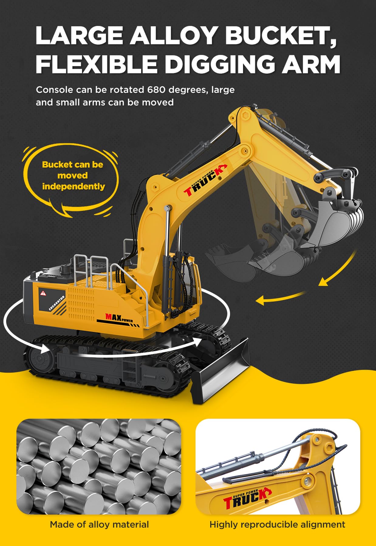 KIDMARKT 21-inch Large RC Excavator Toy – 15-Channel, Metal Bucket, Dozer Blade, Water Spray, Lights