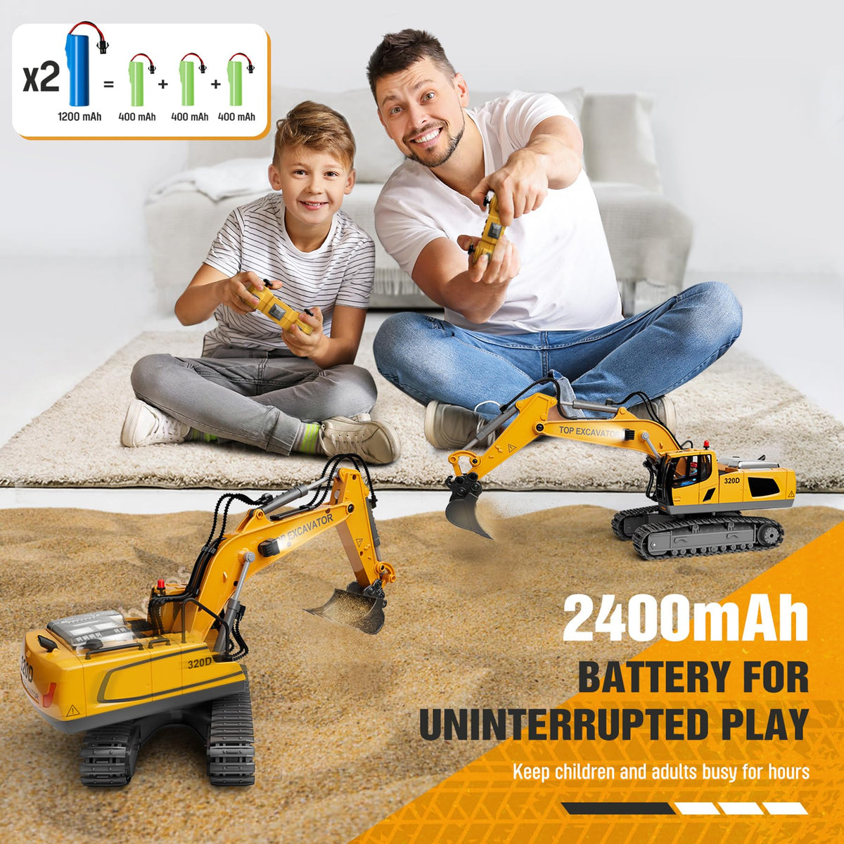 KIDMARKT RC Excavator Toy — 11-Channel Metal Construction Truck with 2×1200mAh Batteries, 120-Min Playtime