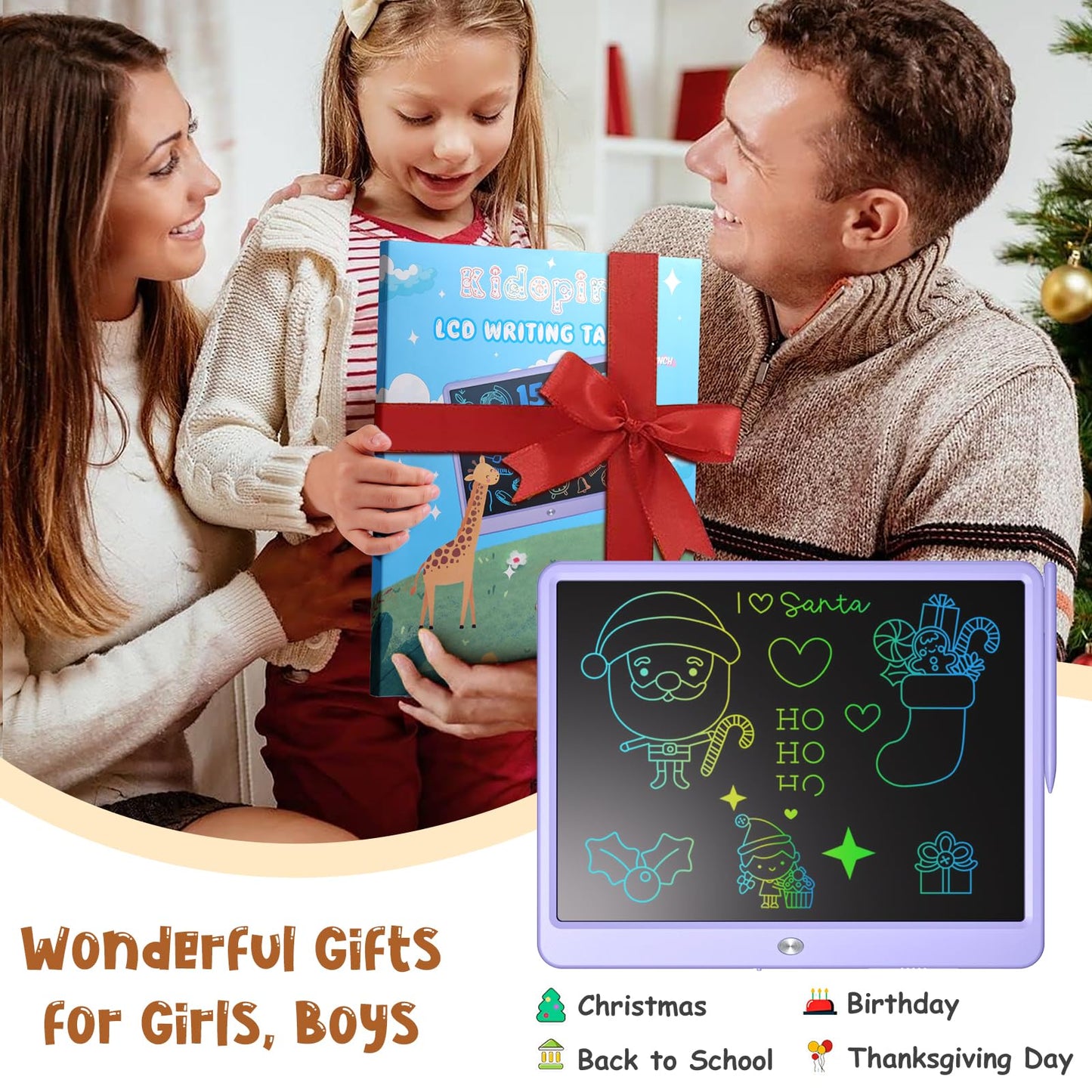 Kidopire 15-Inch LCD Writing Tablet for Kids – Large Doodle Board, Erasable & Reusable, Purple