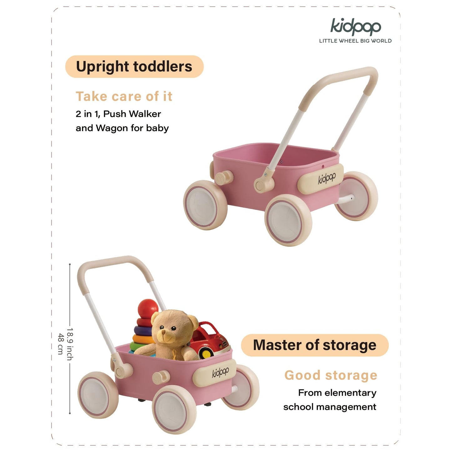 Kidpop PULA Baby Push Walker with Wheels | 2-in-1 Toddler Wagon (Pink)