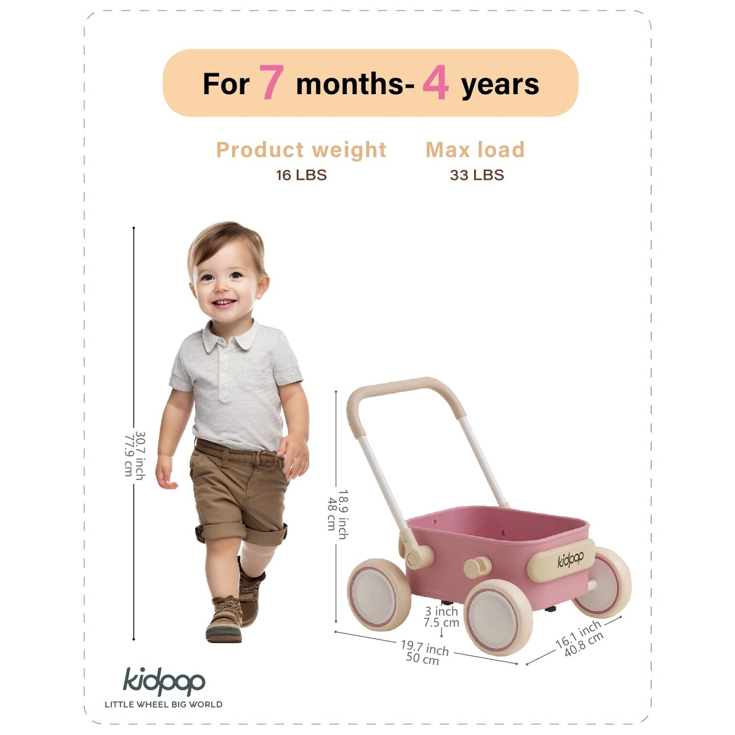 Kidpop PULA Baby Push Walker with Wheels | 2-in-1 Toddler Wagon (Pink)
