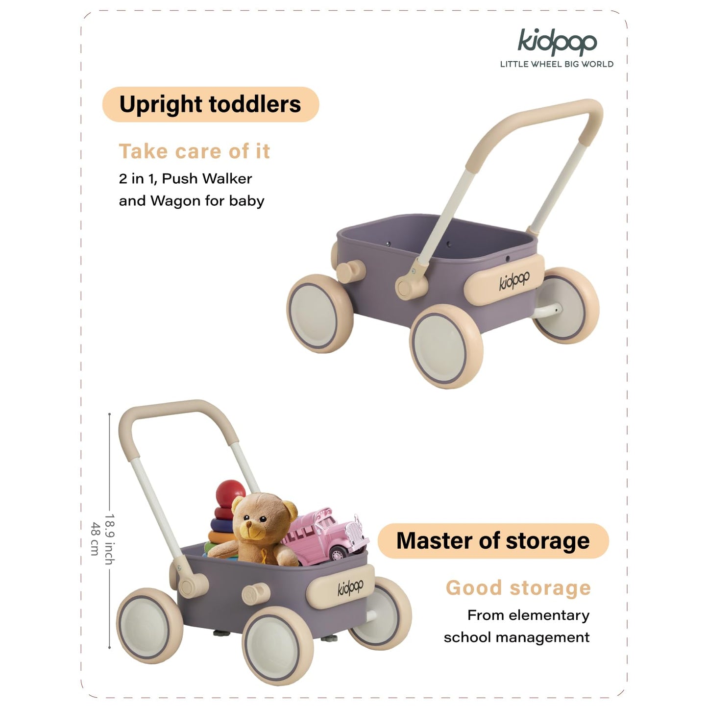 Kidpop PULA 2-in-1 Push and Pull-Along Wagon — Safe Baby Walker for 7 Months to 4 Years (Purple)