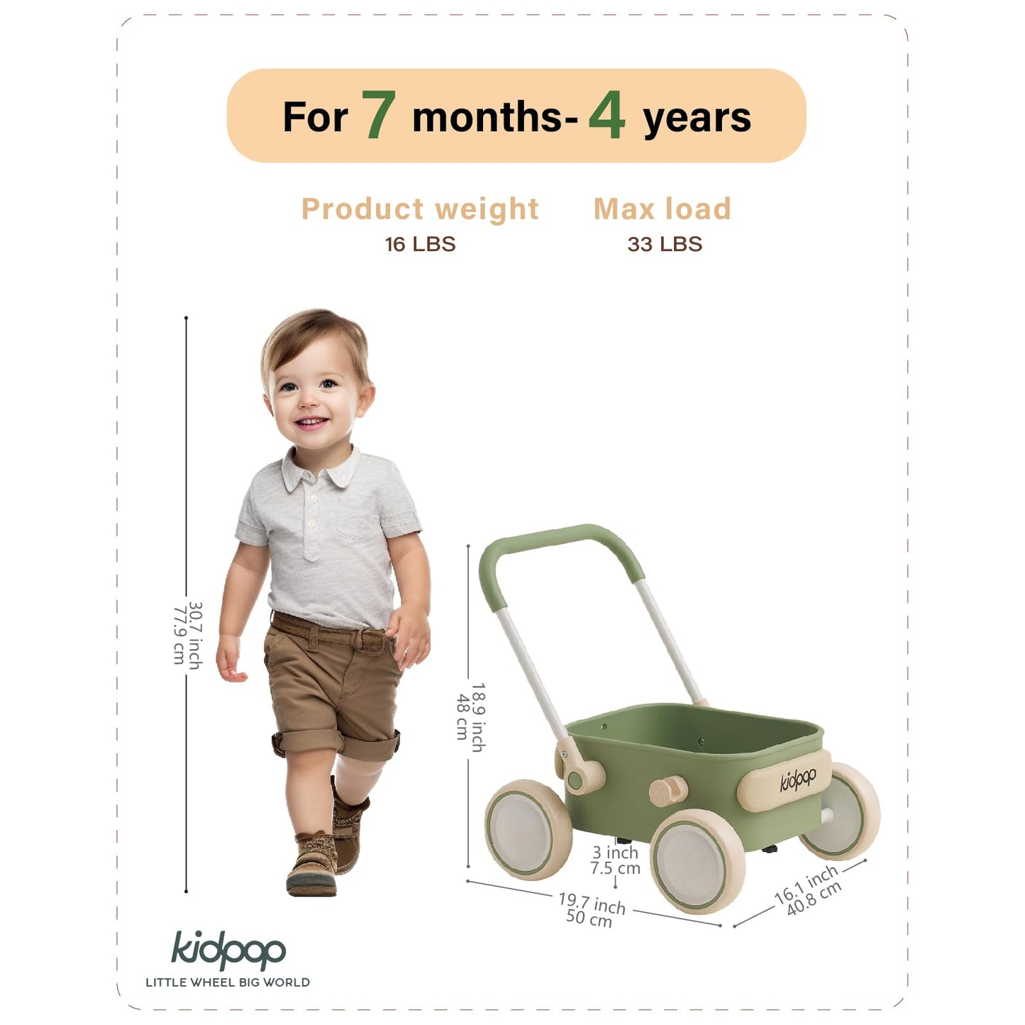 Kidpop PULA Baby Push Walker with Wheels – 2-in-1 Toddler Wagon (Green) for 6-12 Months