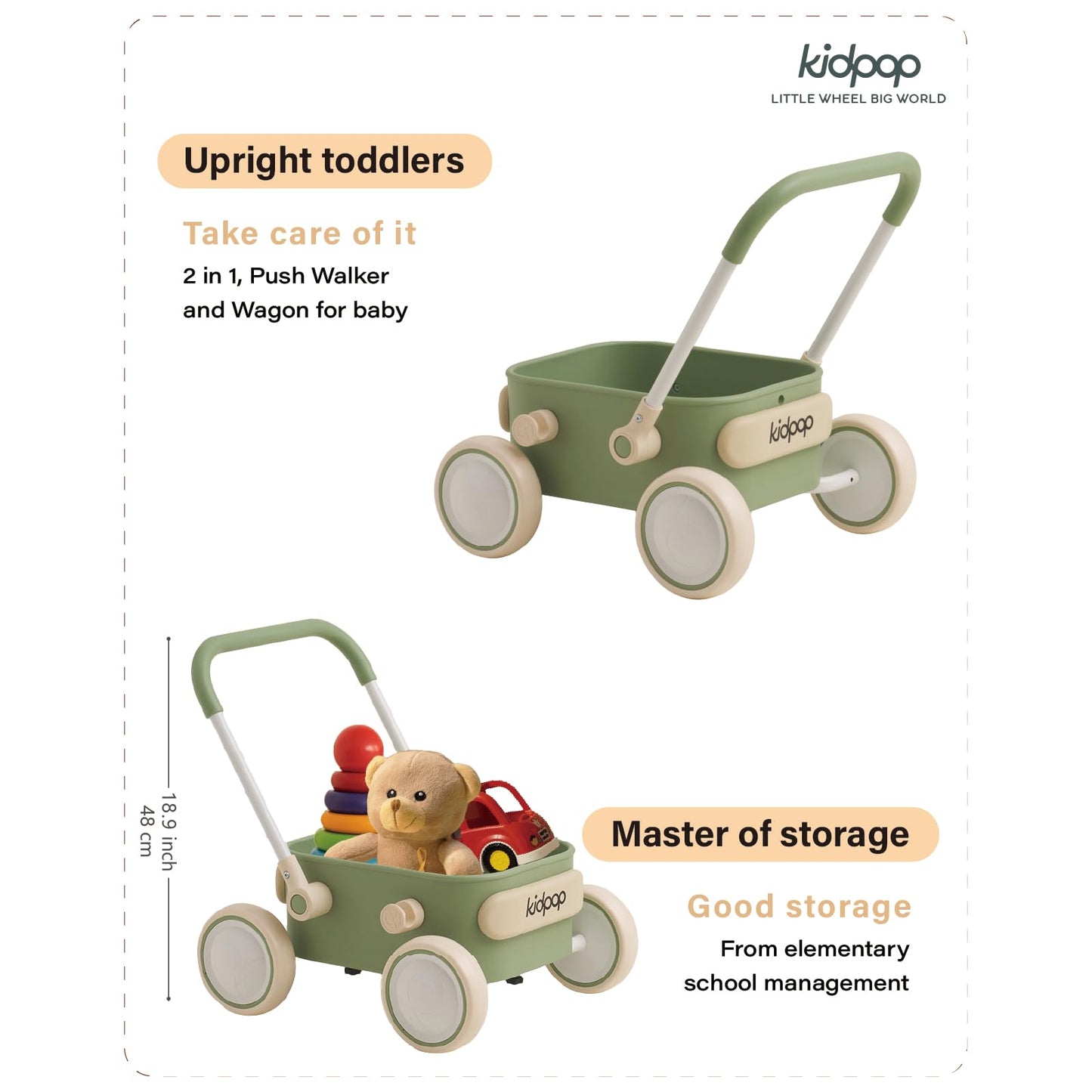 Kidpop PULA Baby Push Walker with Wheels – 2-in-1 Toddler Wagon (Green) for 6-12 Months