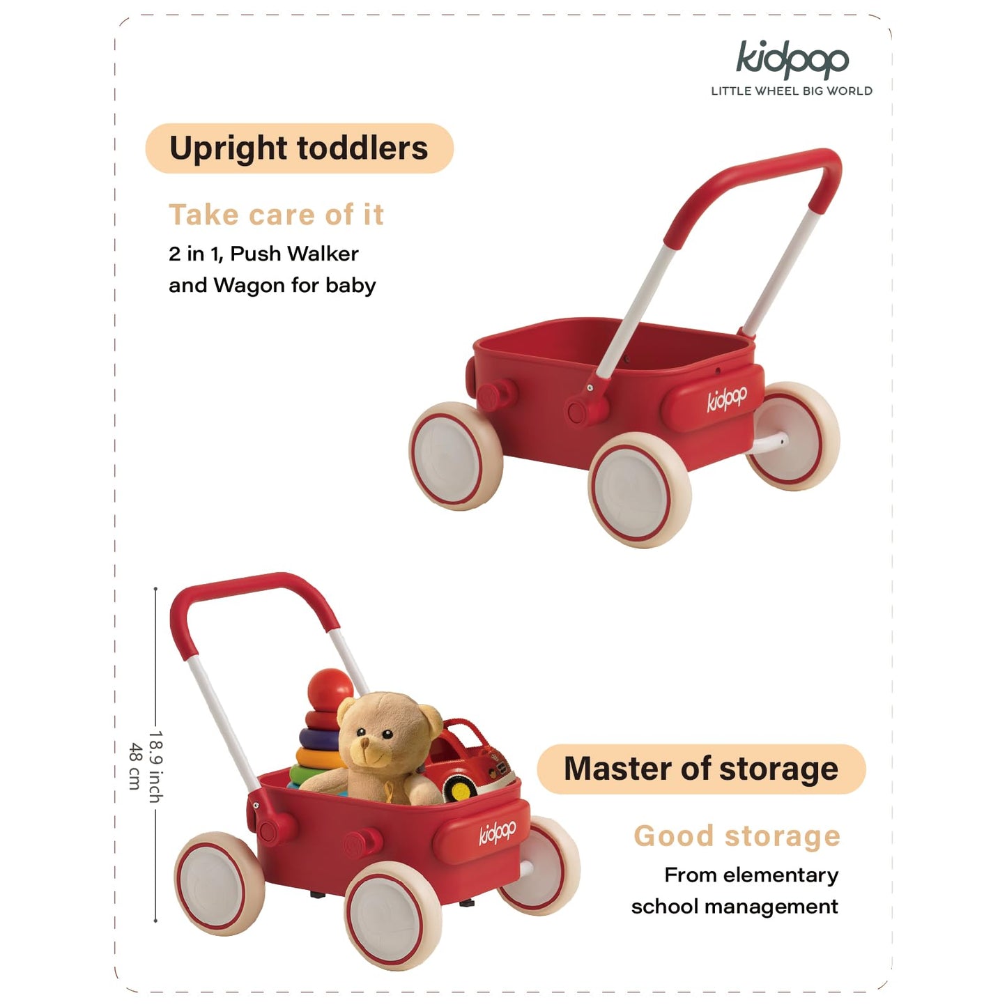 PULA Baby Push Walker with Wheels by Kidpop – 2-in-1 Toddler Wagon (Red)
