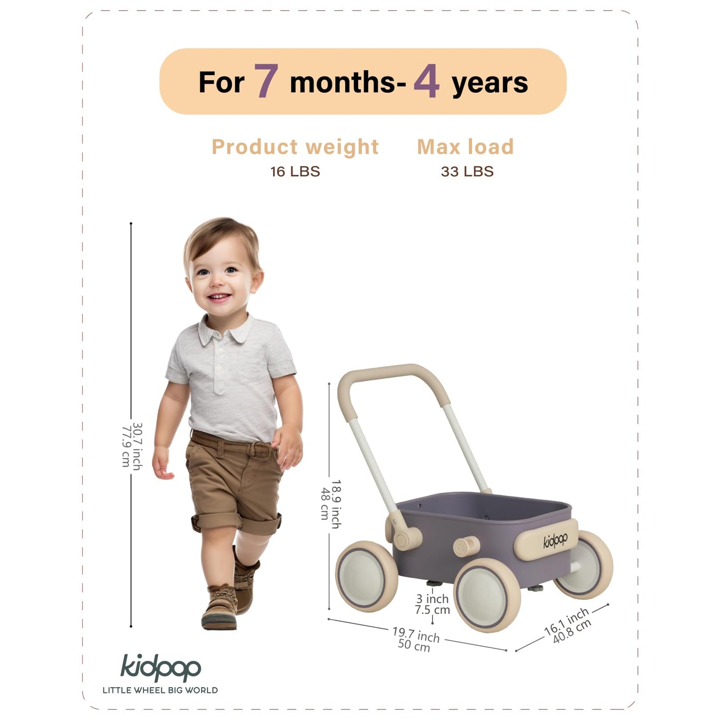 Kidpop PULA 2-in-1 Push and Pull-Along Wagon — Safe Baby Walker for 7 Months to 4 Years (Purple)