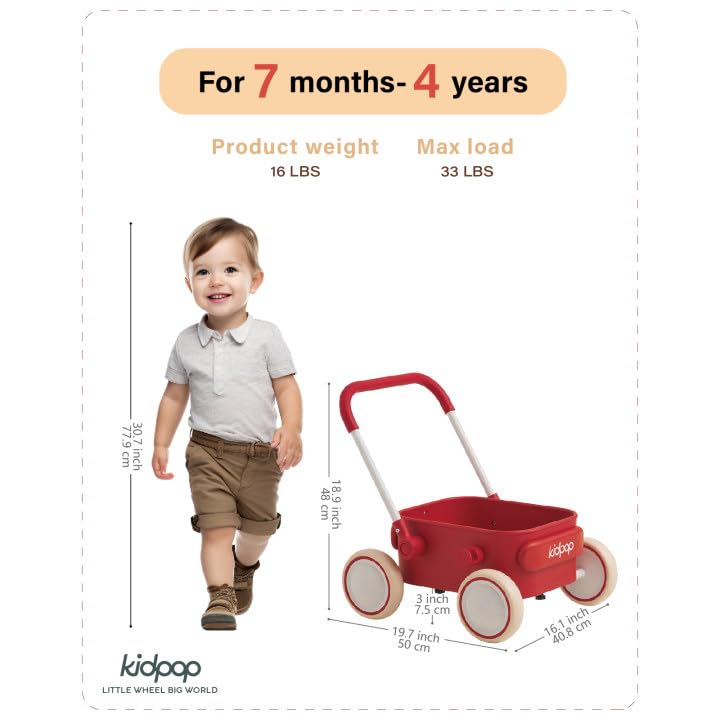 PULA Baby Push Walker with Wheels by Kidpop – 2-in-1 Toddler Wagon (Red)