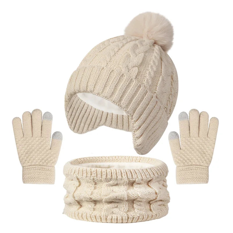 Kids 3-Piece Knitted Winter Set – Hat Scarf Gloves with Fleece Lining