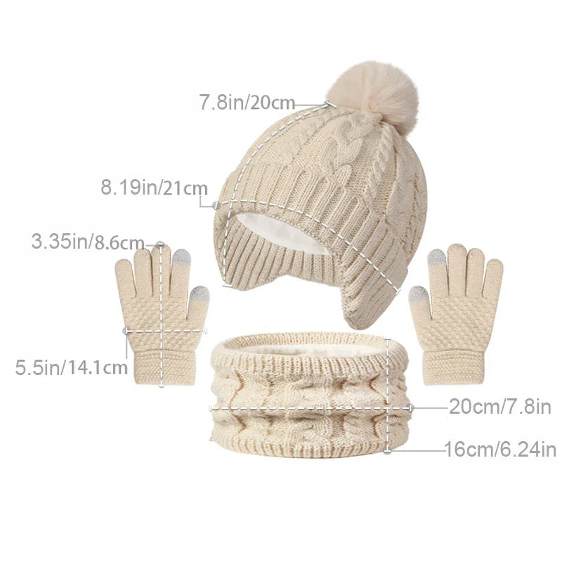 Kids 3-Piece Knitted Winter Set – Hat Scarf Gloves with Fleece Lining