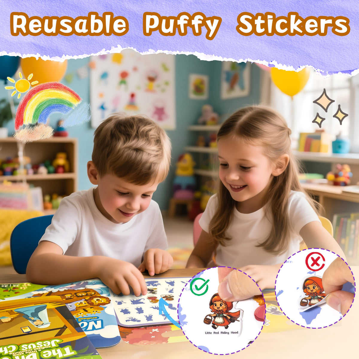 KIDS KING Reusable Sticker Book for Toddlers | 97 Puffy Stickers, 3 Themes