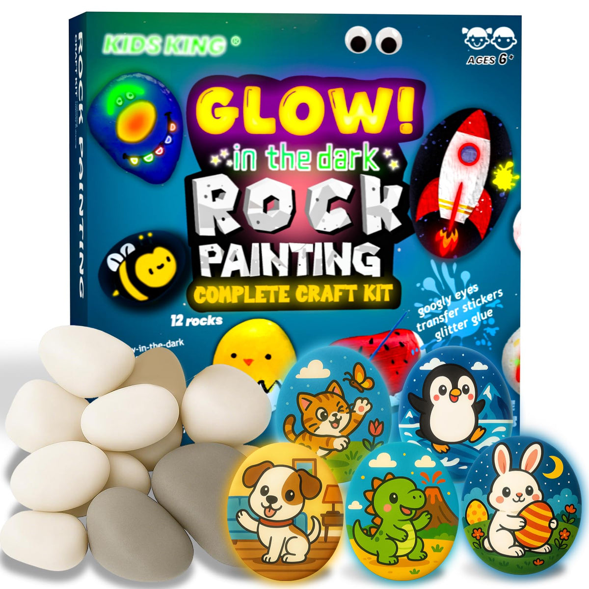 KIDS KING Glow in the Dark Rock Painting Kit for Kids 6-12 | Party Favors & Creative Gifts