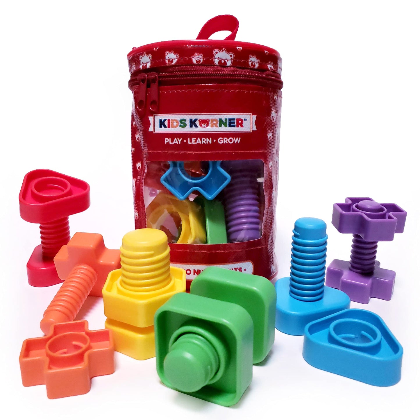 KIDS KORNER Jumbo Nuts & Bolts for Toddlers - Fine Motor, Rainbow Matching, 12pc Set + Storage & eBook