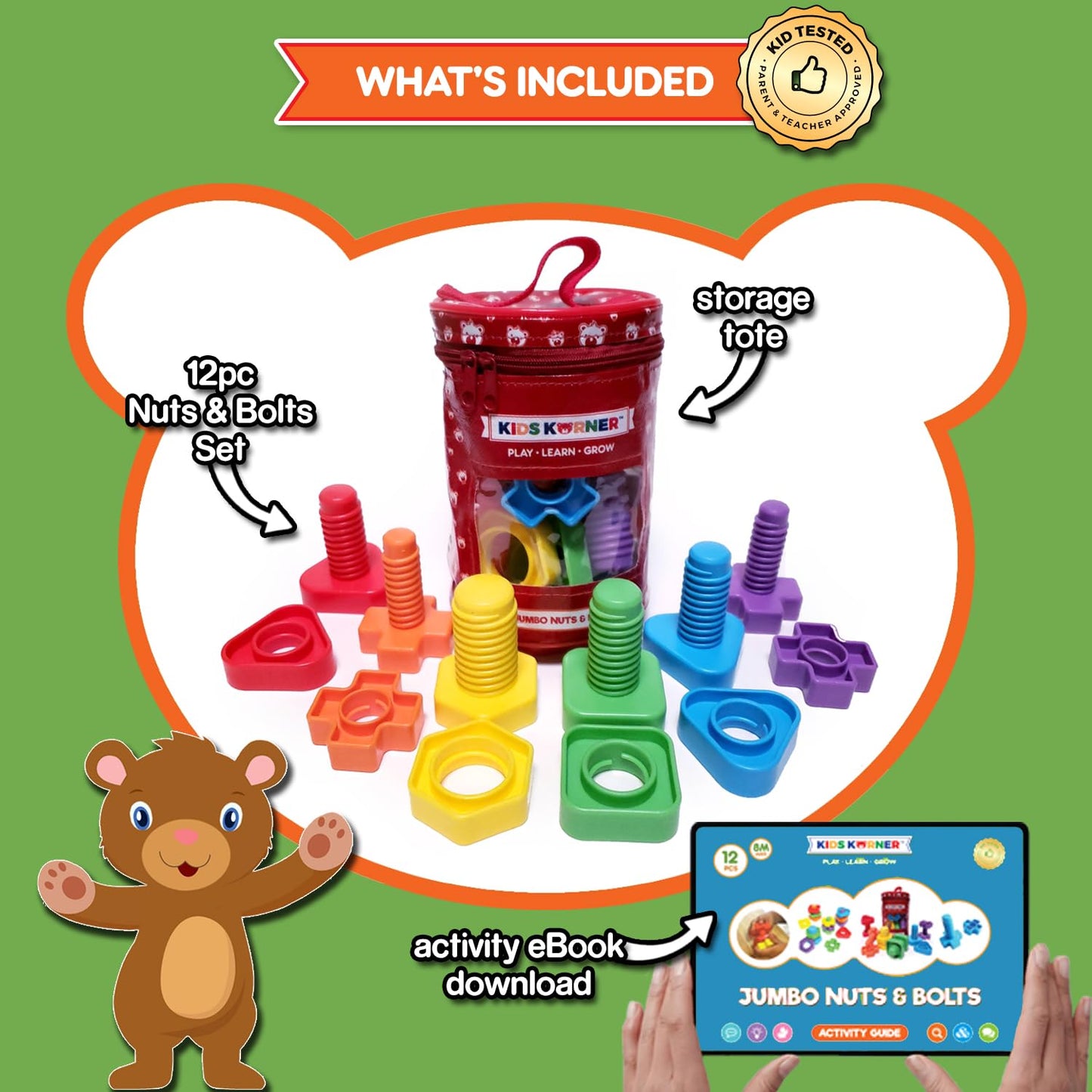 KIDS KORNER Jumbo Nuts & Bolts for Toddlers - Fine Motor, Rainbow Matching, 12pc Set + Storage & eBook