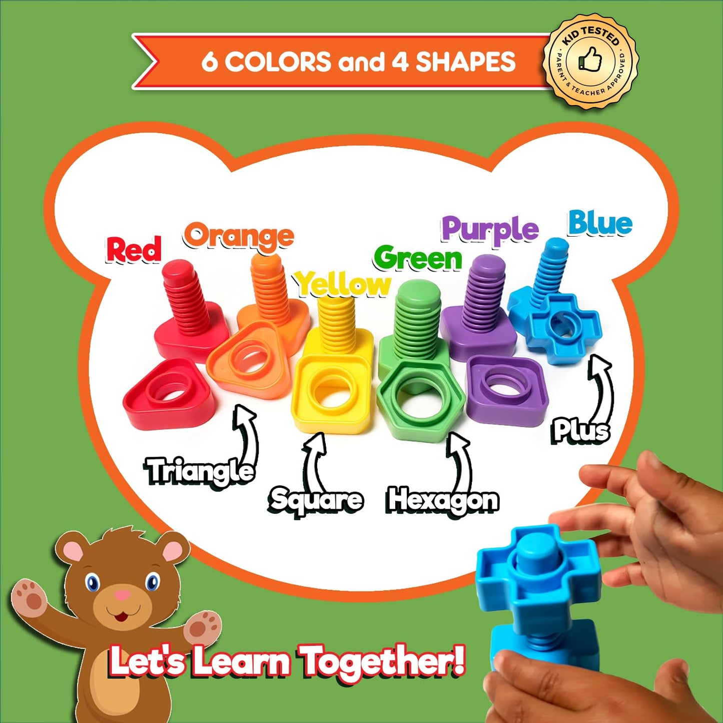 KIDS KORNER Jumbo Nuts & Bolts for Toddlers - Fine Motor, Rainbow Matching, 12pc Set + Storage & eBook