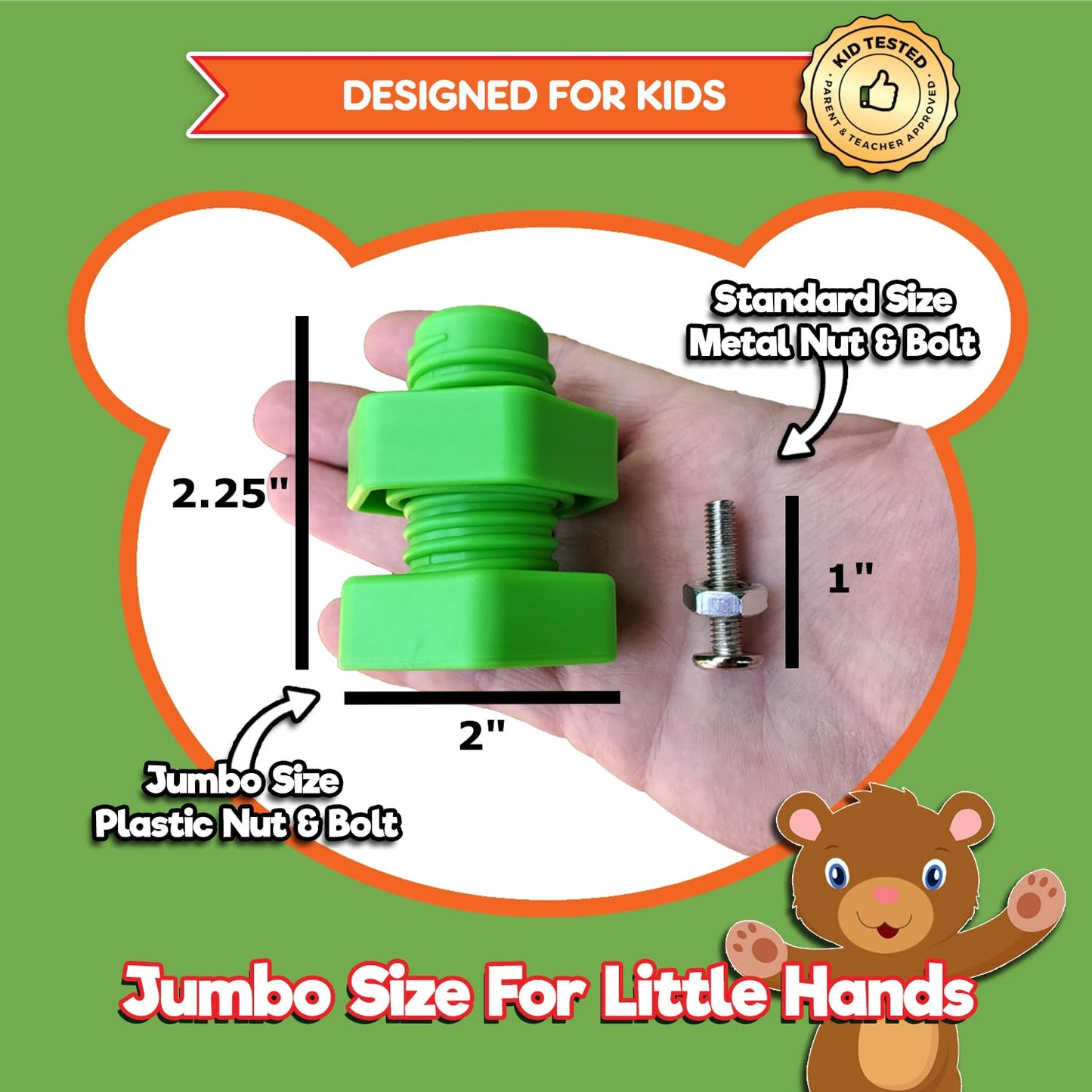 KIDS KORNER Jumbo Nuts & Bolts for Toddlers - Fine Motor, Rainbow Matching, 12pc Set + Storage & eBook