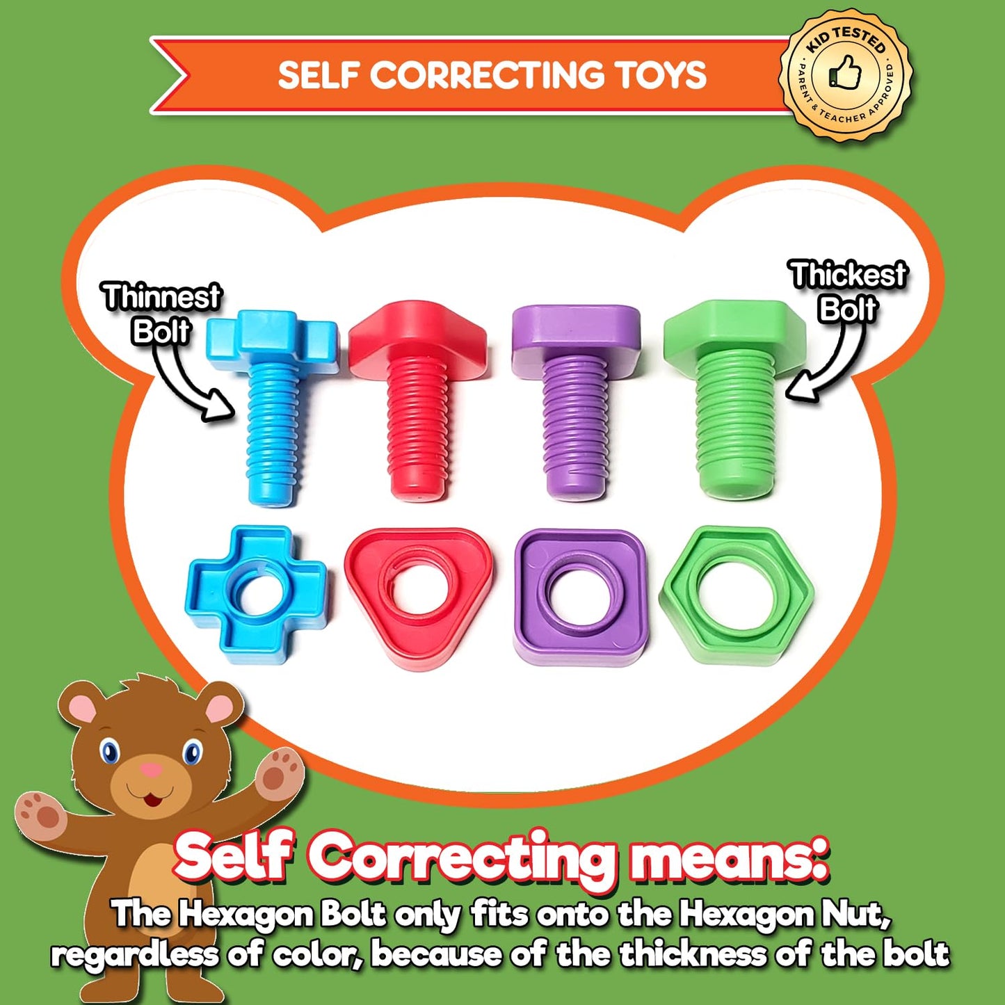 KIDS KORNER Jumbo Nuts & Bolts for Toddlers - Fine Motor, Rainbow Matching, 12pc Set + Storage & eBook