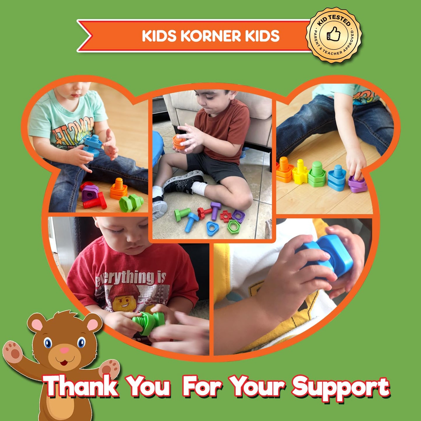 KIDS KORNER Jumbo Nuts & Bolts for Toddlers - Fine Motor, Rainbow Matching, 12pc Set + Storage & eBook