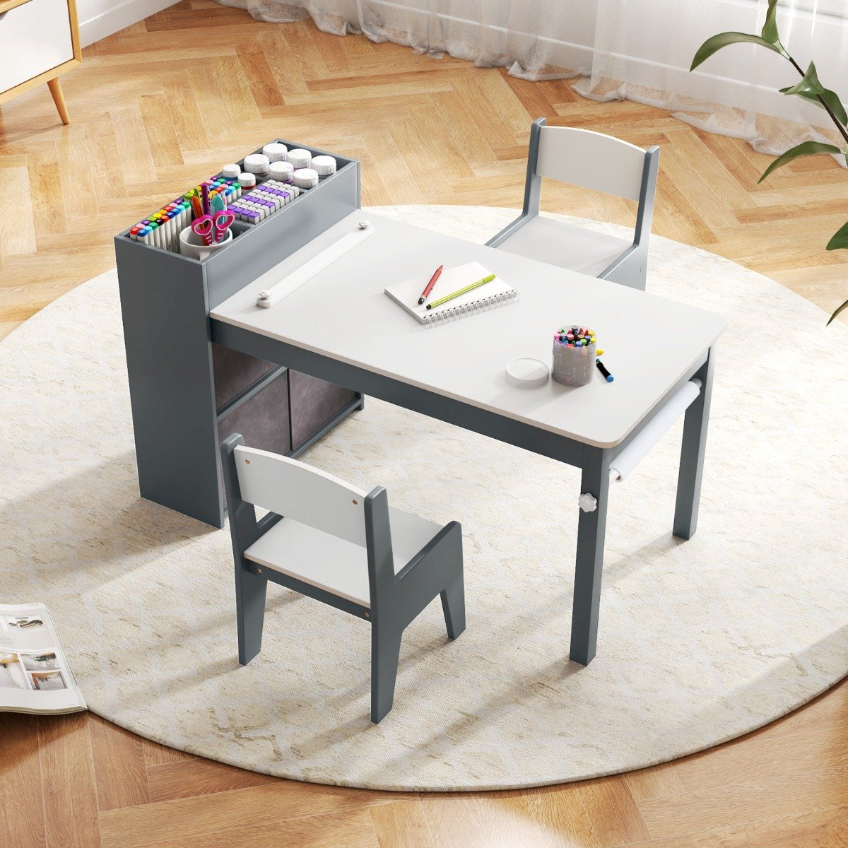Kids Art Table and Chairs Set with Paper Roll and Storage Shelves-Grey