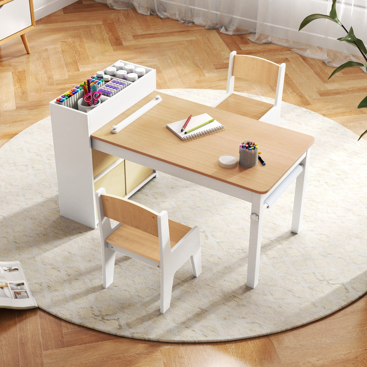 Kids Art Table and Chairs Set with Paper Roll and Storage Shelves-Grey