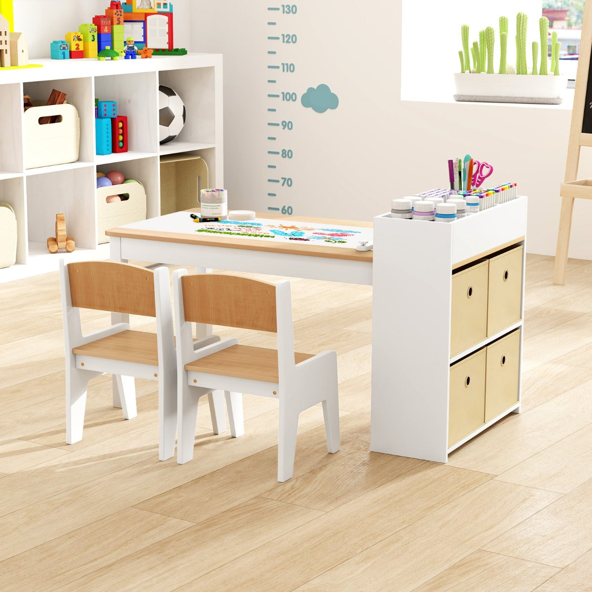 Kids Art Table and Chairs Set with Paper Roll and Storage Shelves-Grey
