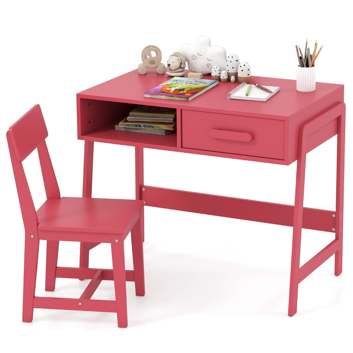 Kids Desk and Chair Set with Drawer and Pine Wood Legs-Black