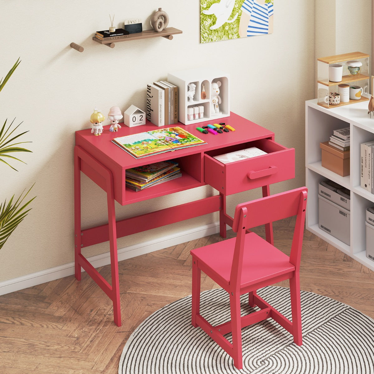 Kids Desk and Chair Set with Drawer and Pine Wood Legs-Black