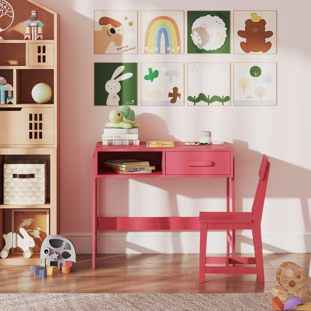 Kids Desk and Chair Set with Drawer and Pine Wood Legs-Black