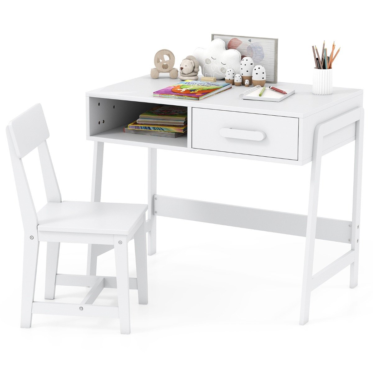 Kids Desk and Chair Set with Drawer and Pine Wood Legs-Black