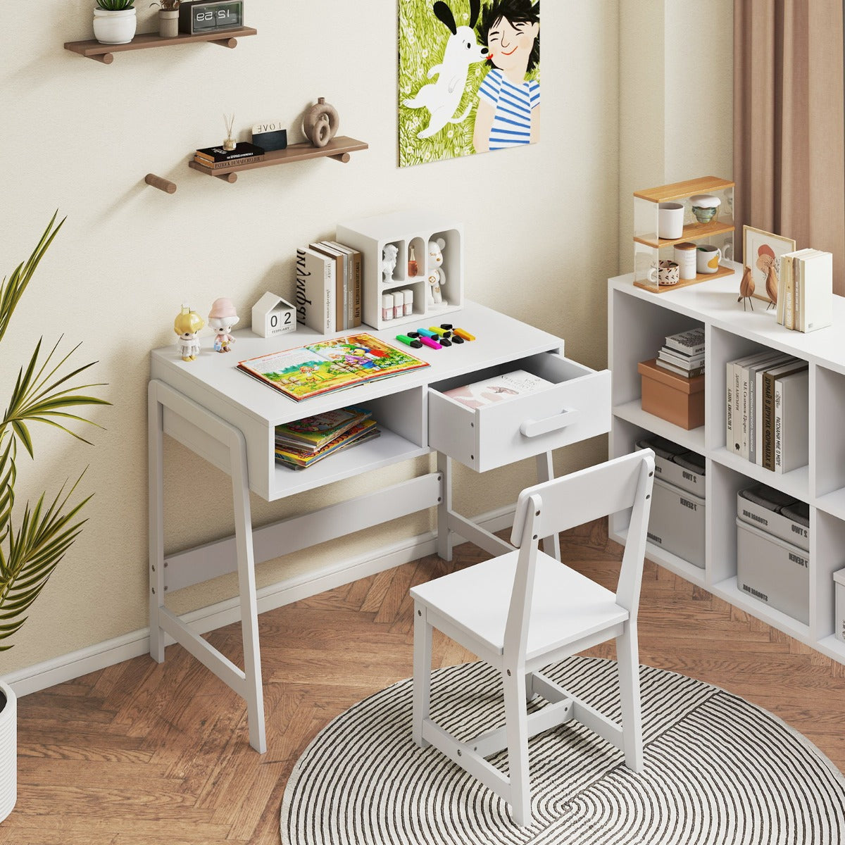 Kids Desk and Chair Set with Drawer and Pine Wood Legs-Black