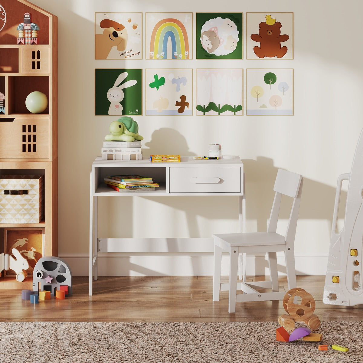 Kids Desk and Chair Set with Drawer and Pine Wood Legs-Black