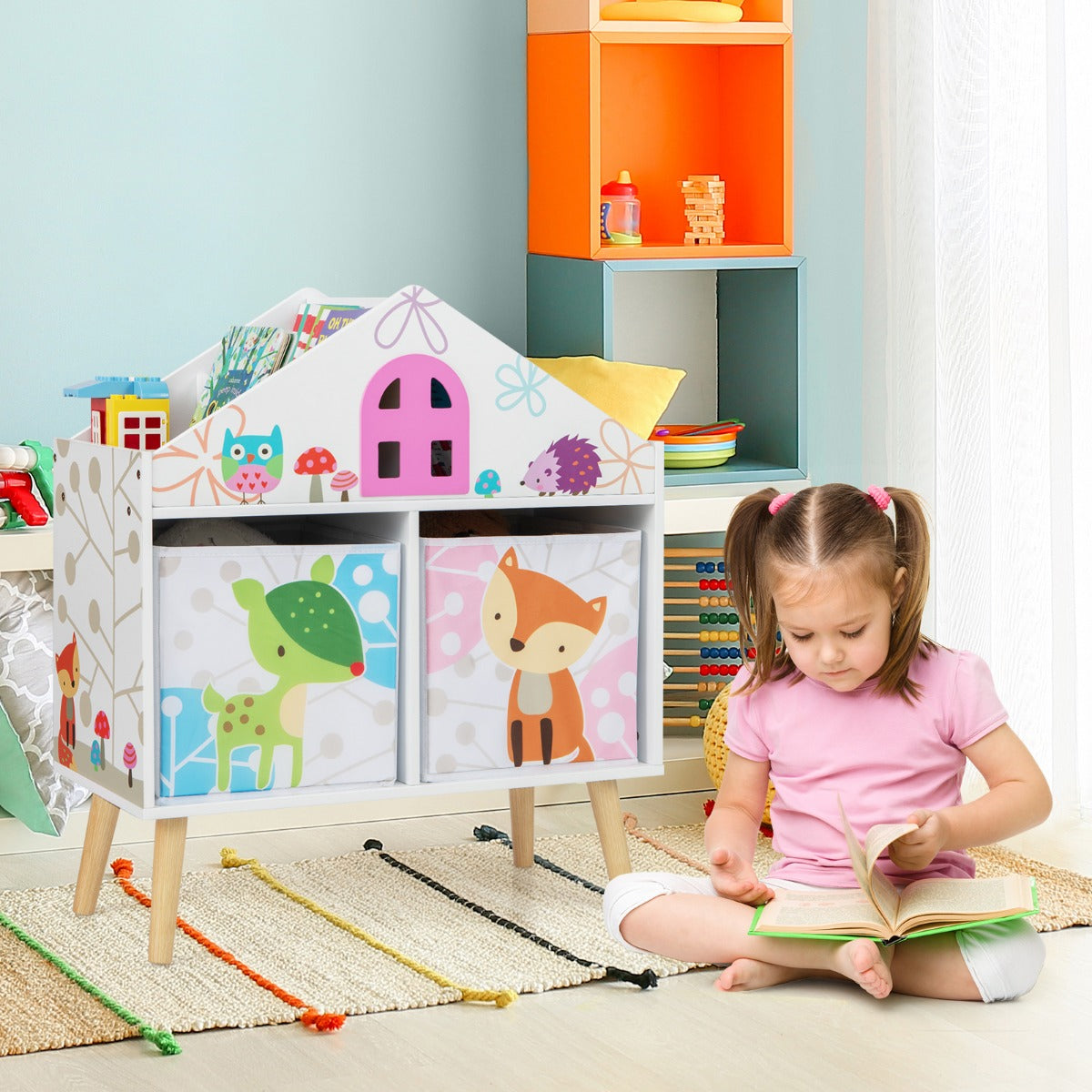 Kids House-shaped Bookshelf with 2 Storage Bins and Elevated Solid Wood Legs-White