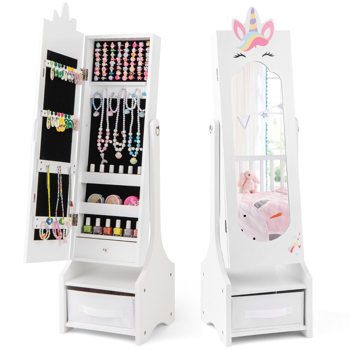 Kids Jewelry Cabinet with Full-Length Mirror and Foldable Drawer-Pink
