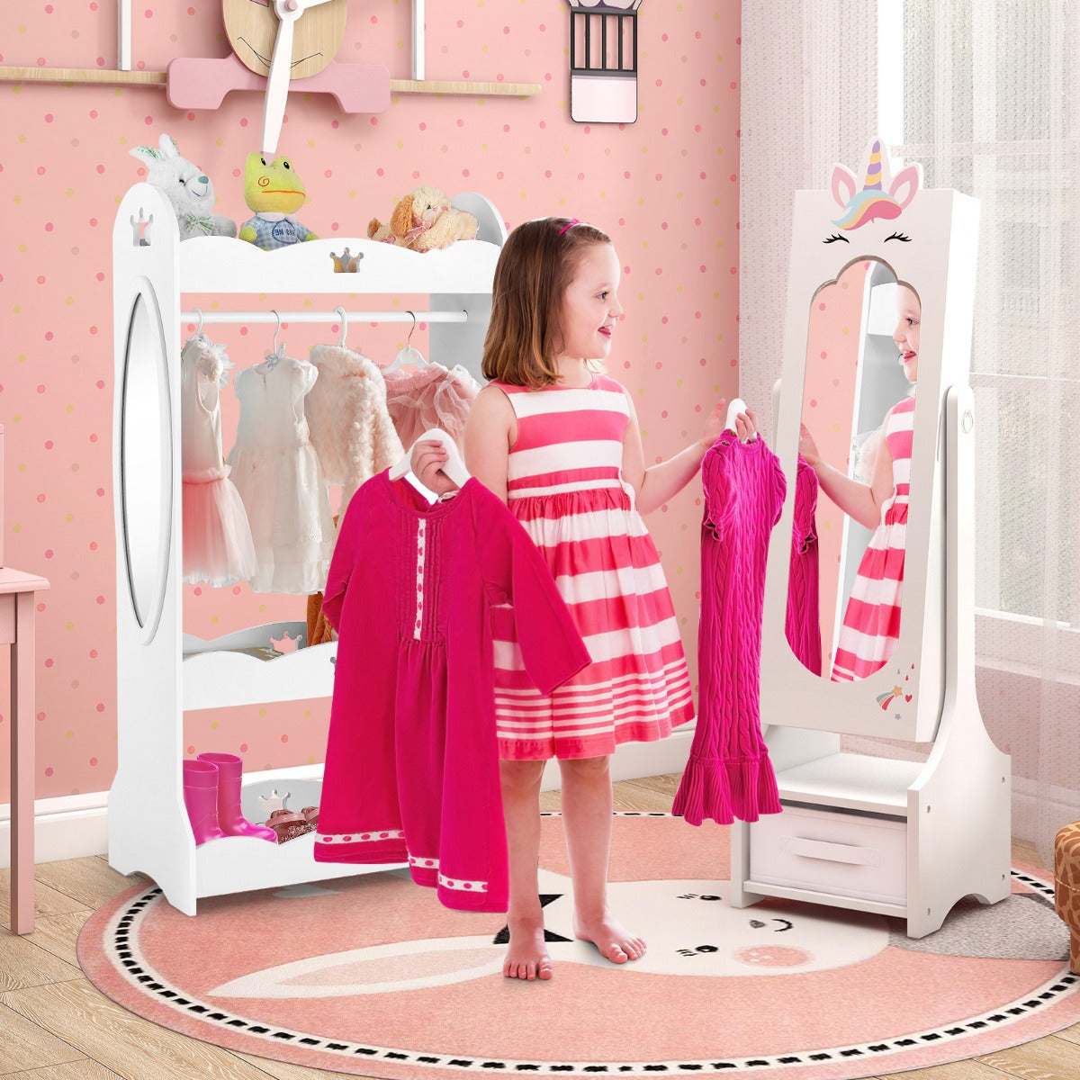 Kids Jewelry Cabinet with Full-Length Mirror and Foldable Drawer-Pink