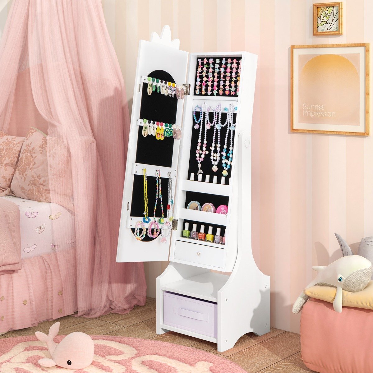Kids Jewelry Cabinet with Full-Length Mirror and Foldable Drawer-Pink