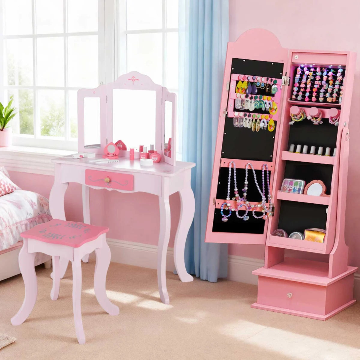 Kids Jewelry Cabinet Children Jewelry Organizer with Lights-White