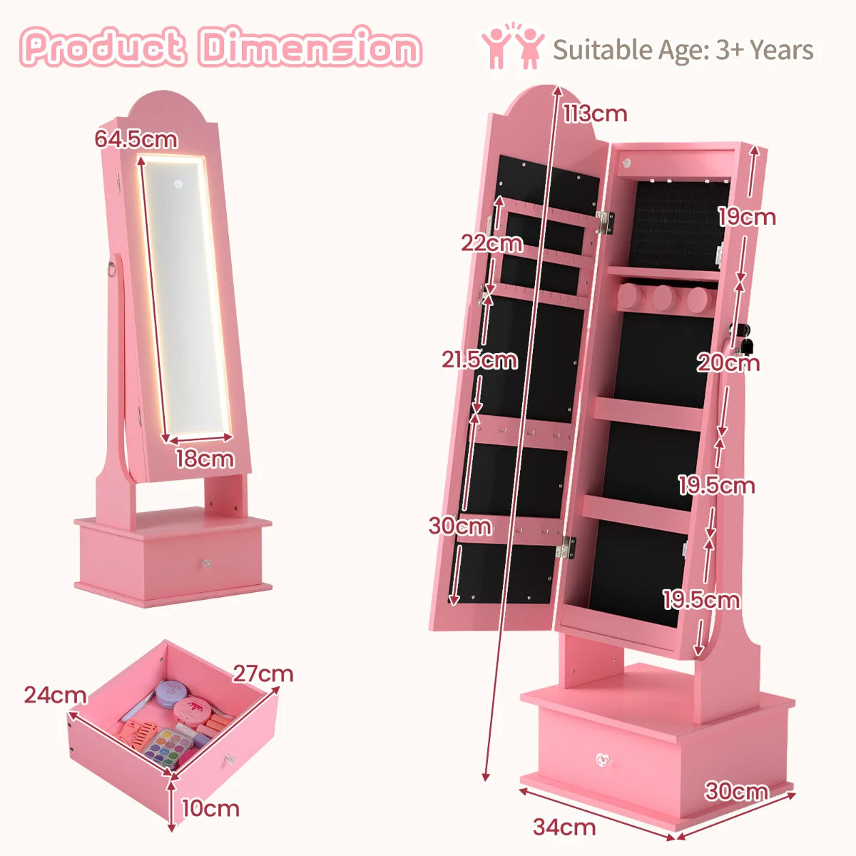 Kids Jewelry Cabinet Children Jewelry Organizer with Lights-White