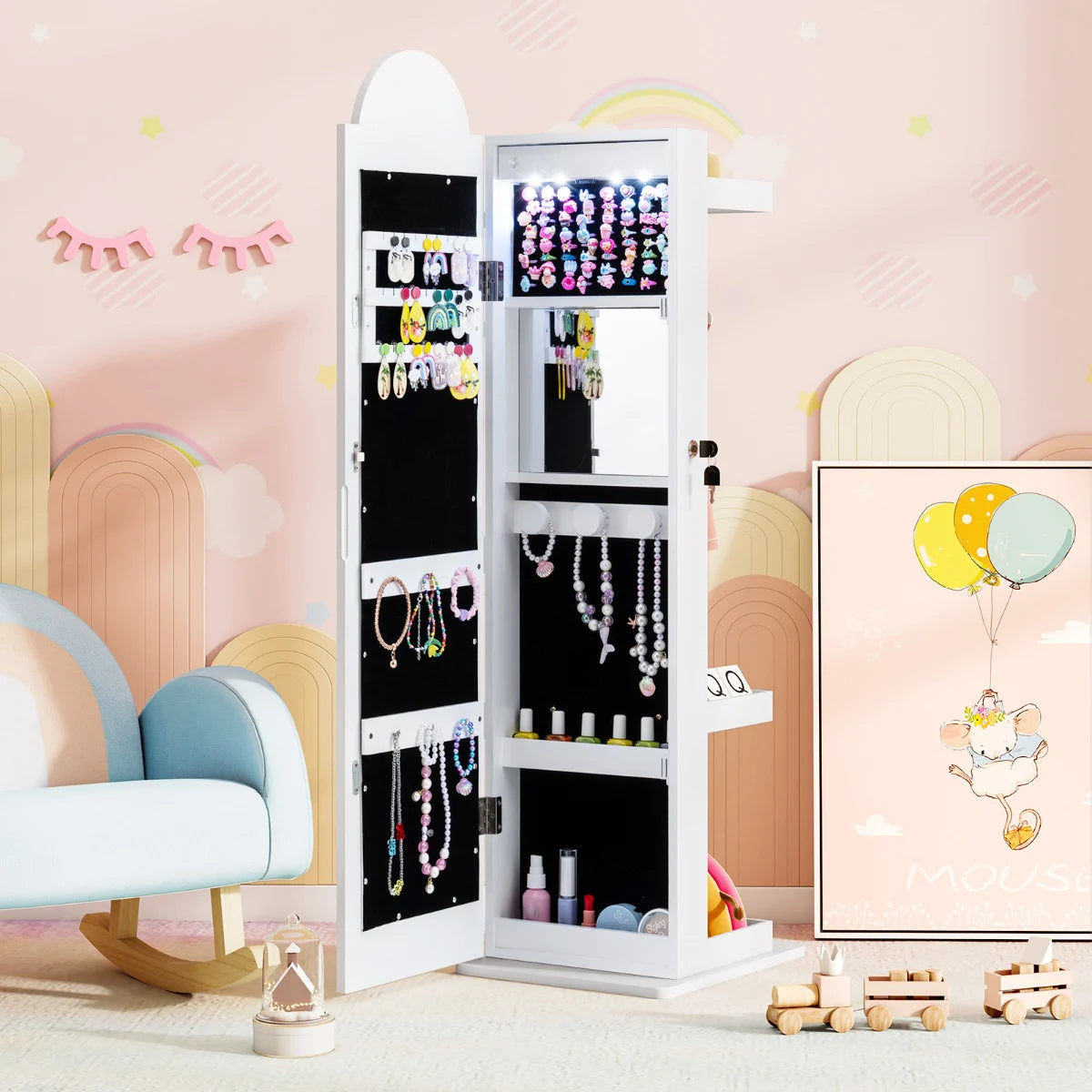 Kids Jewelry Cabinet Standing Children Jewelry Organizer-Pink