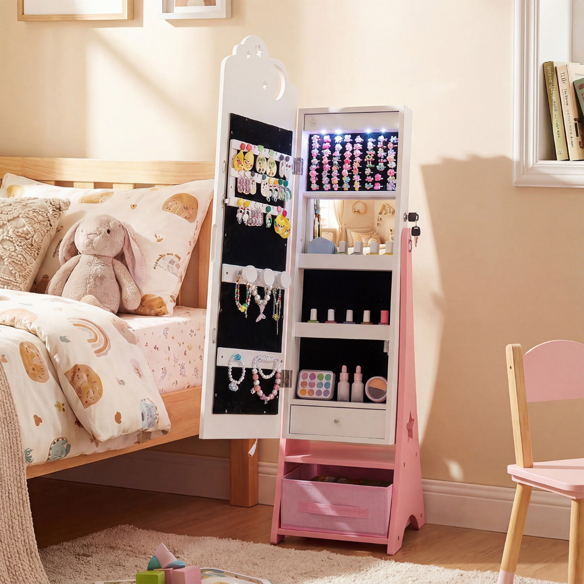 Kids Jewelry Cabinet with Sensor Lights and Full-Length Mirror-Pink